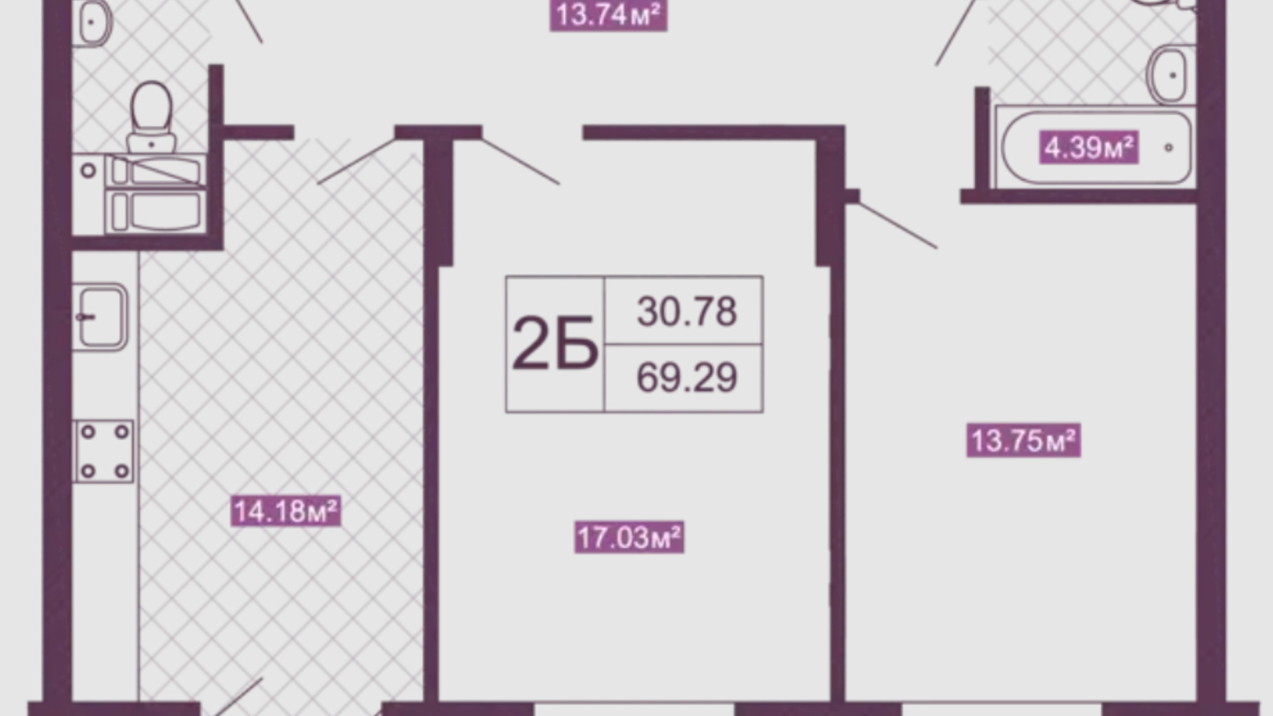 Планировка 2-комнатной квартиры в ЖК Голосеевский 69.29 м², фото 377552