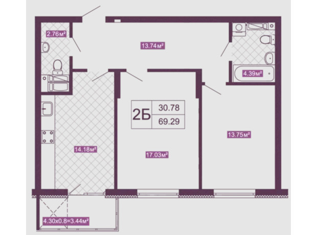 ЖК Голосіївський: планування 2-кімнатної квартири 69.29 м²