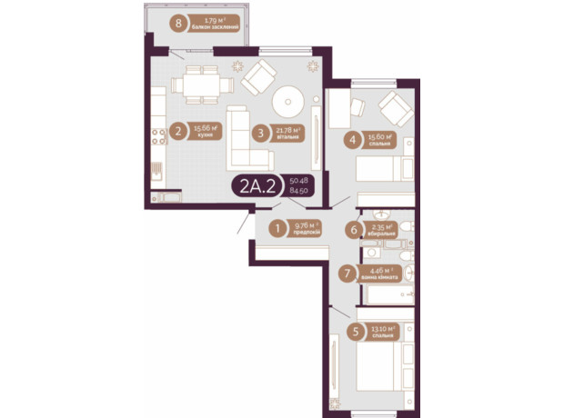 ЖК Голосеевский: планировка 2-комнатной квартиры 84.5 м²