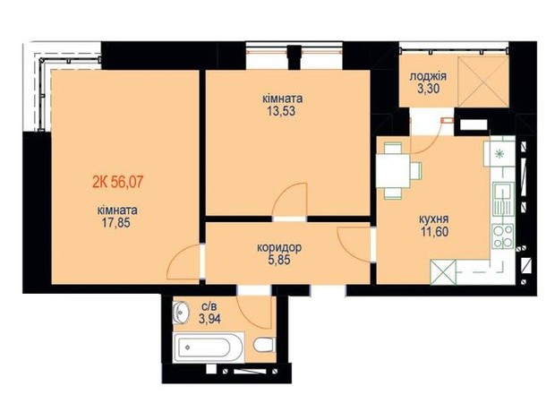 ЖК Уютный: планировка 2-комнатной квартиры 56.07 м²