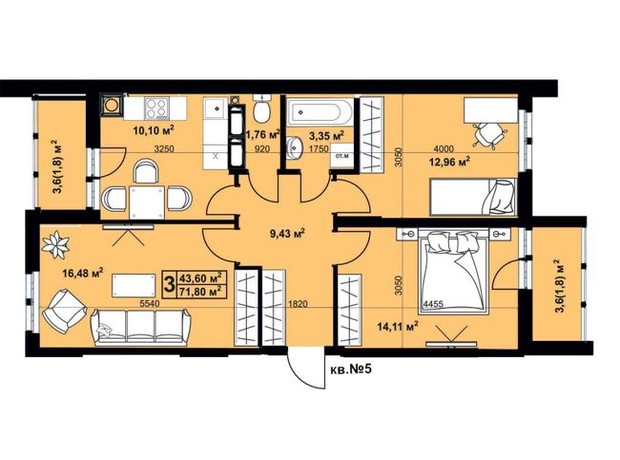 ЖК Андреевский: планировка 3-комнатной квартиры 71.8 м²