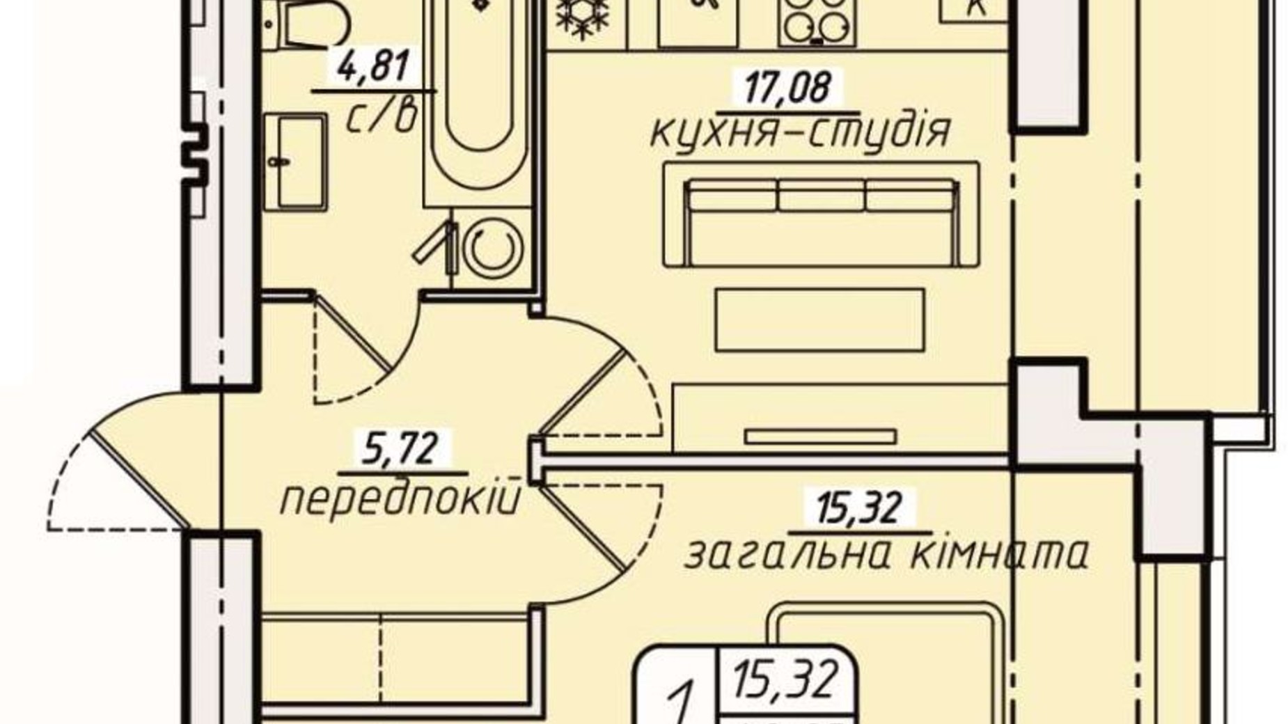 Планування 1-кімнатної квартири в ЖК Західний 42.93 м², фото 378576