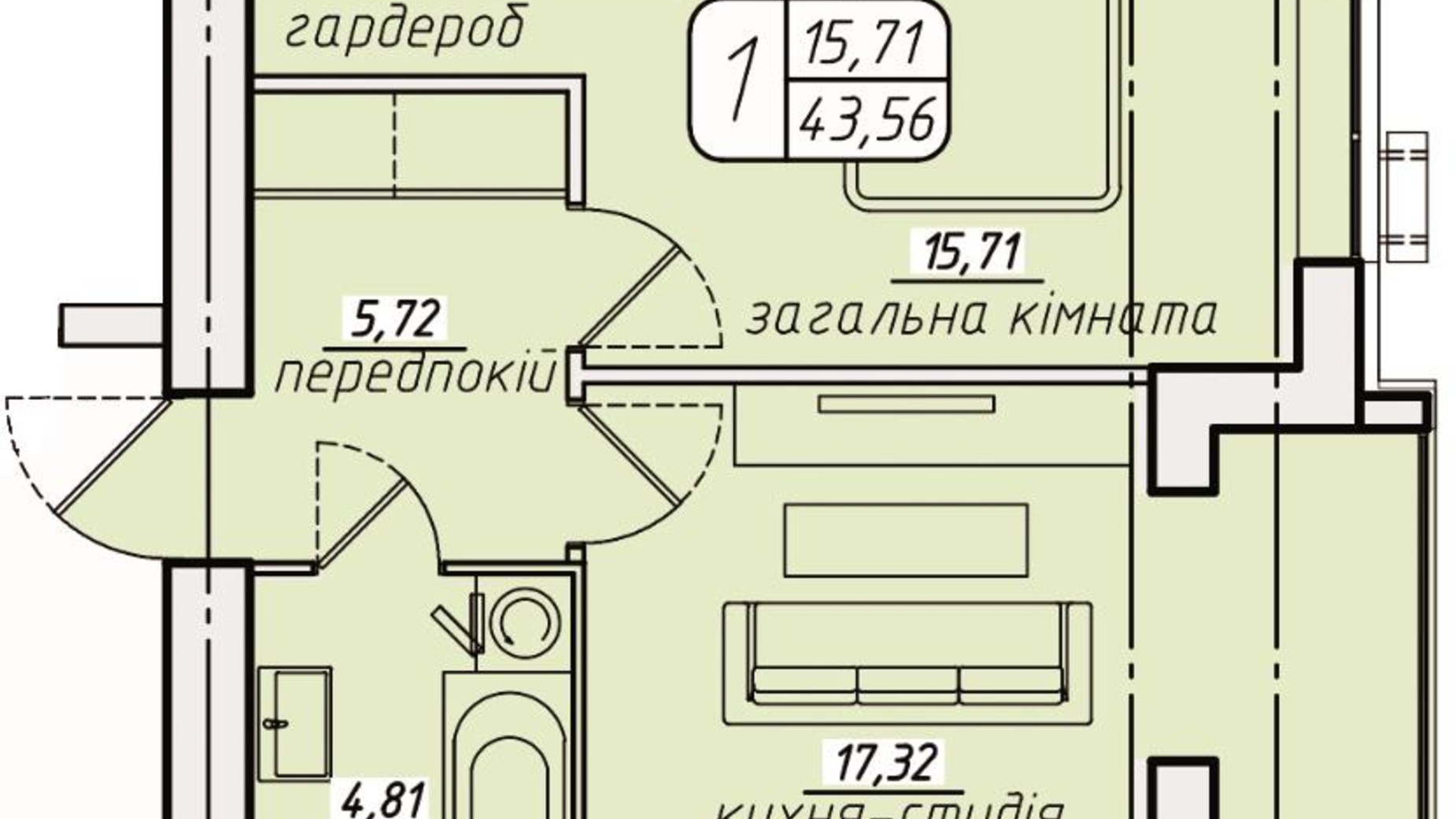 Планування 1-кімнатної квартири в ЖК Західний 43.56 м², фото 378577