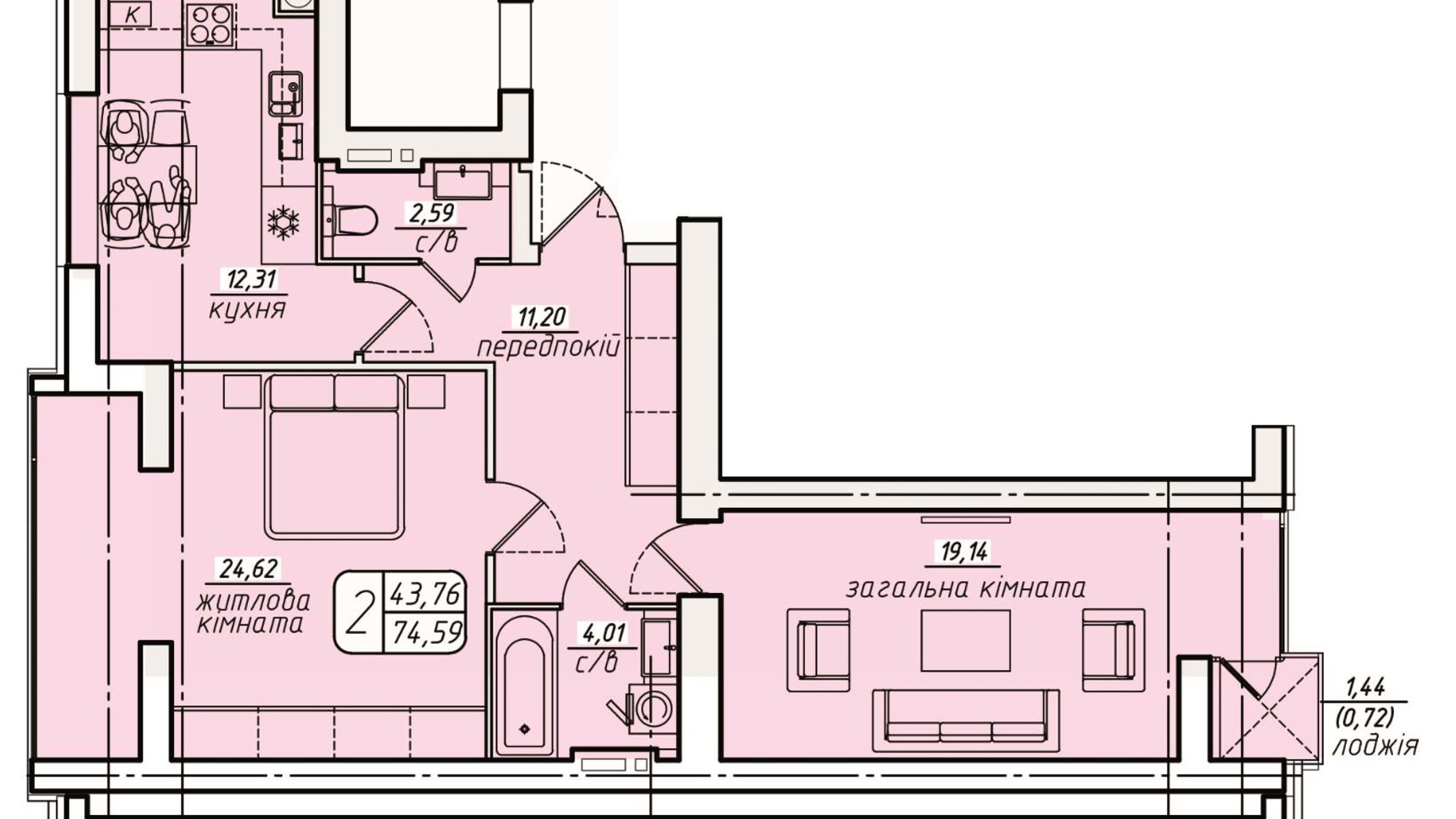 Планировка 2-комнатной квартиры в ЖК Западный 74.6 м², фото 378578