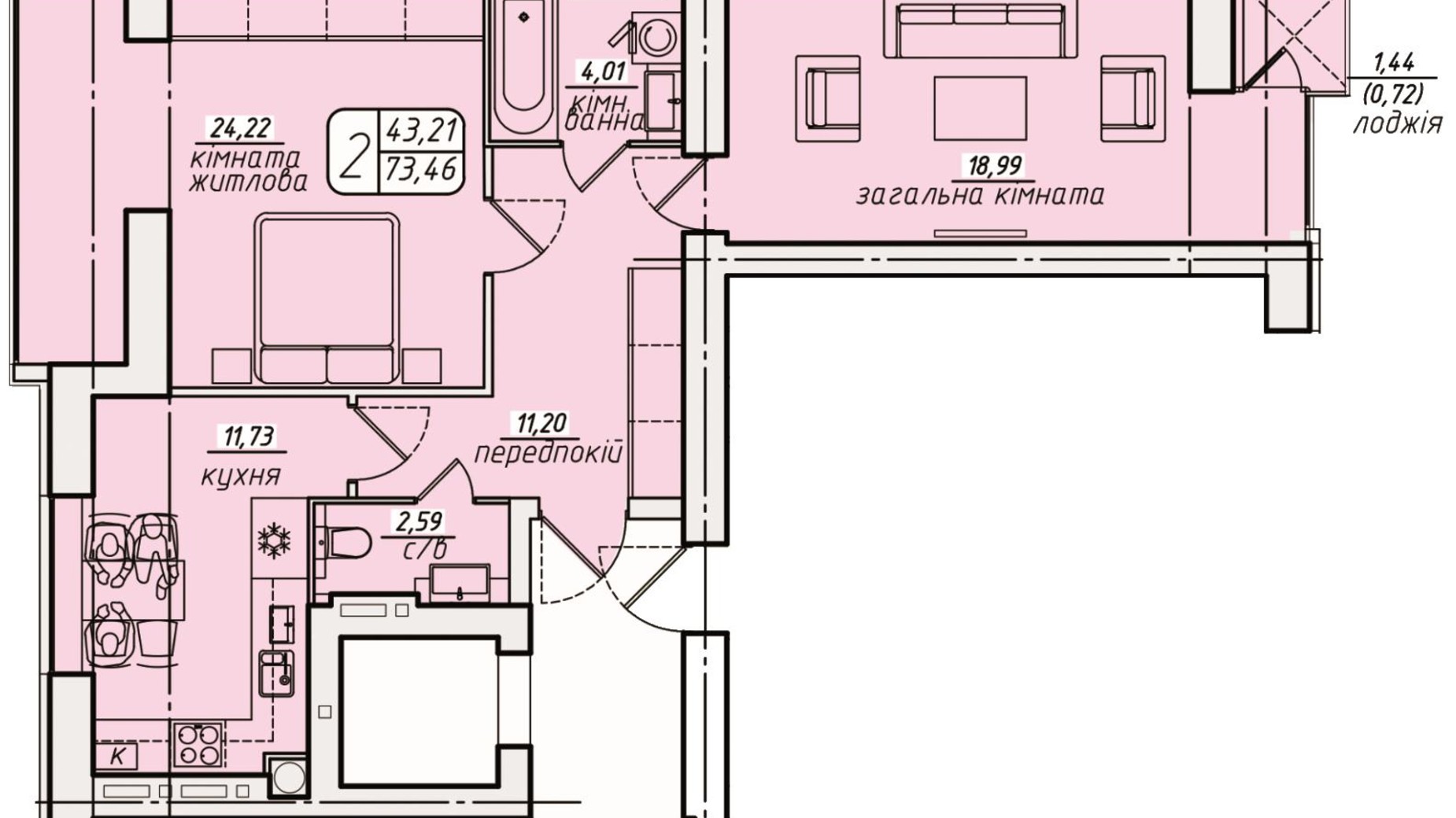 Планування 2-кімнатної квартири в ЖК Західний 73.46 м², фото 378580