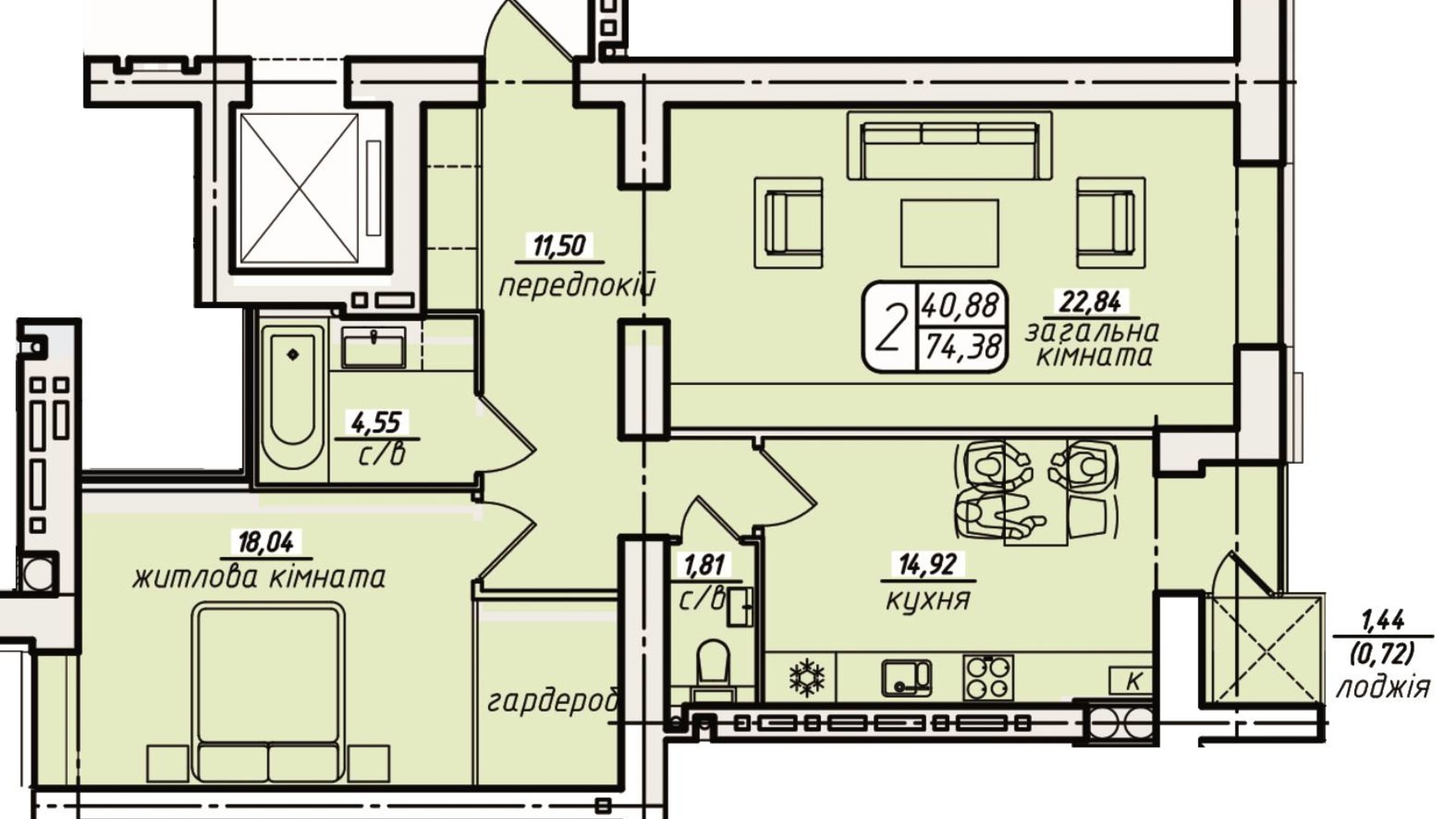 Планировка 2-комнатной квартиры в ЖК Западный 74.38 м², фото 378583