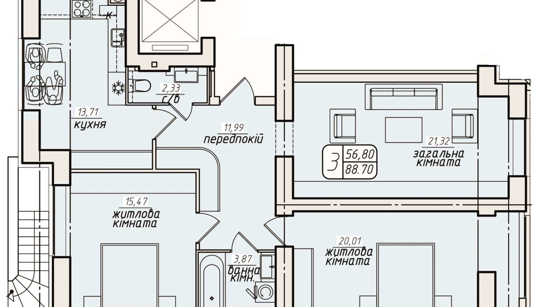 Планировка 3-комнатной квартиры в ЖК Западный 88.7 м², фото 378588