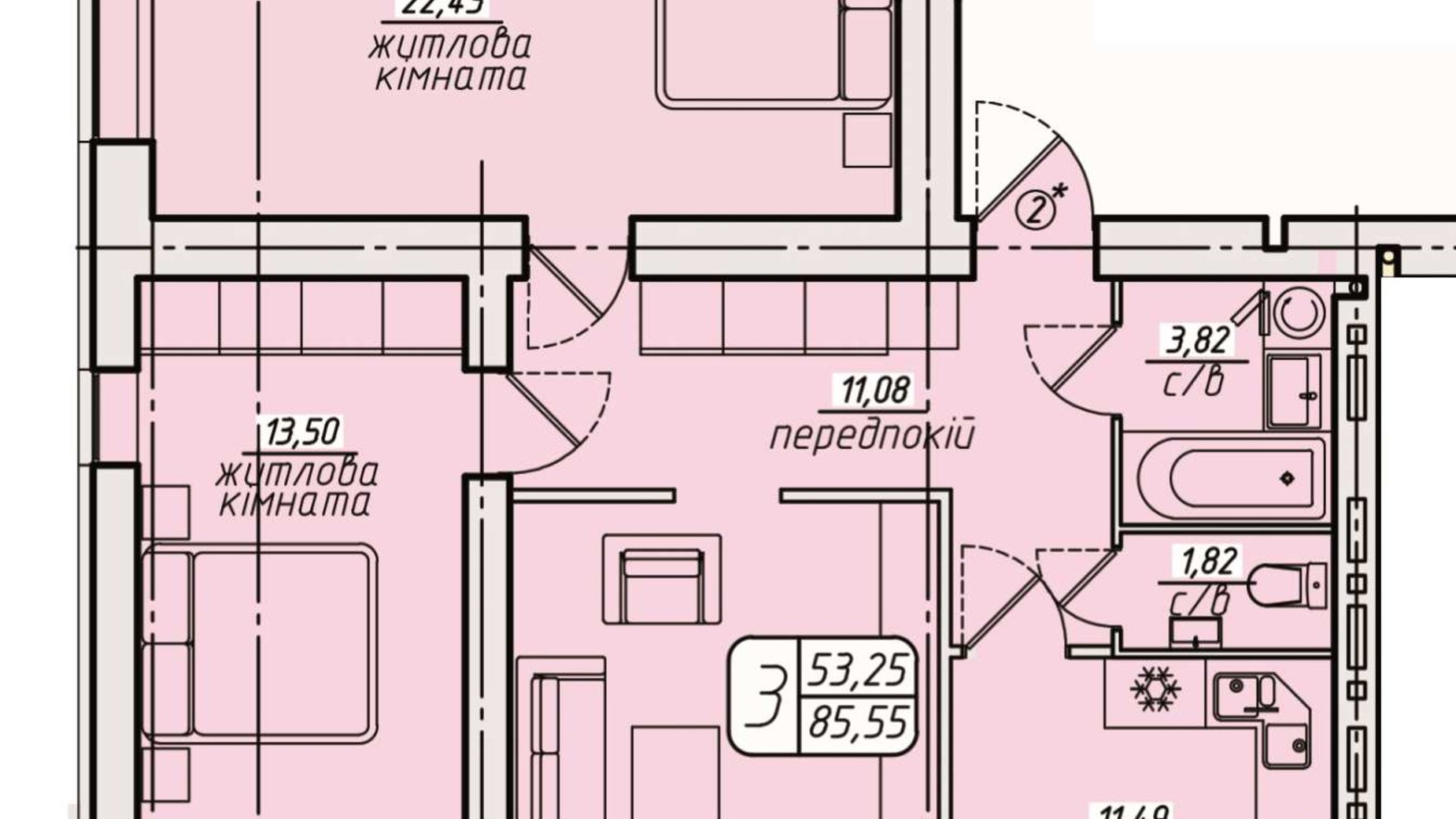 Планировка 3-комнатной квартиры в ЖК Западный 85.55 м², фото 378589