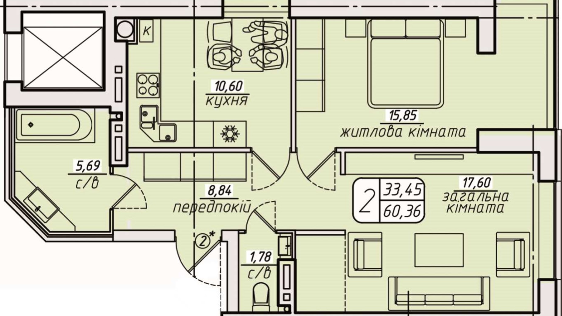 Планировка 2-комнатной квартиры в ЖК Западный 60.36 м², фото 378591