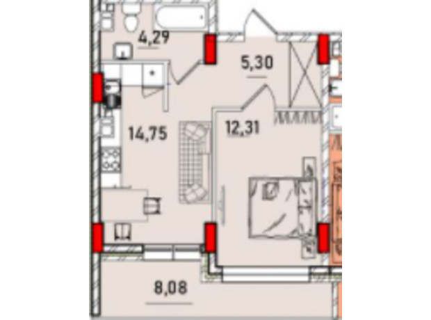 ЖК Derby Style House: планировка 1-комнатной квартиры 42.87 м²