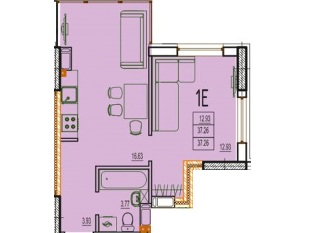 ЖК Derby Style House: планування 3-кімнатної квартири 37.58 м²