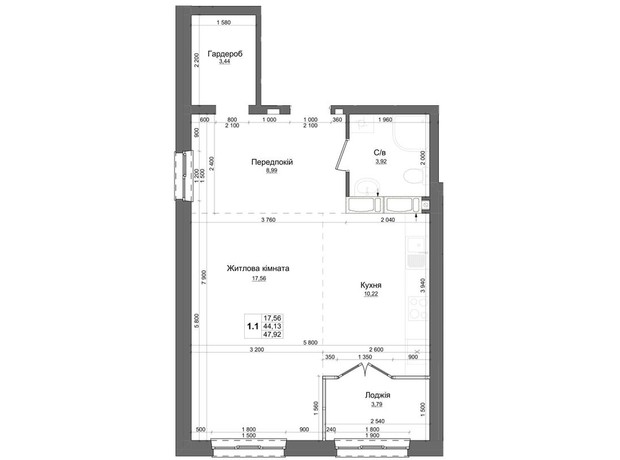 ЖК Олімпійський: планування 1-кімнатної квартири 48.17 м²