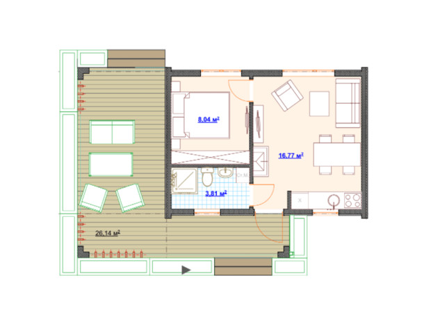 КГ Hausplusland Деревянки: планировка 1-комнатной квартиры 55 м²