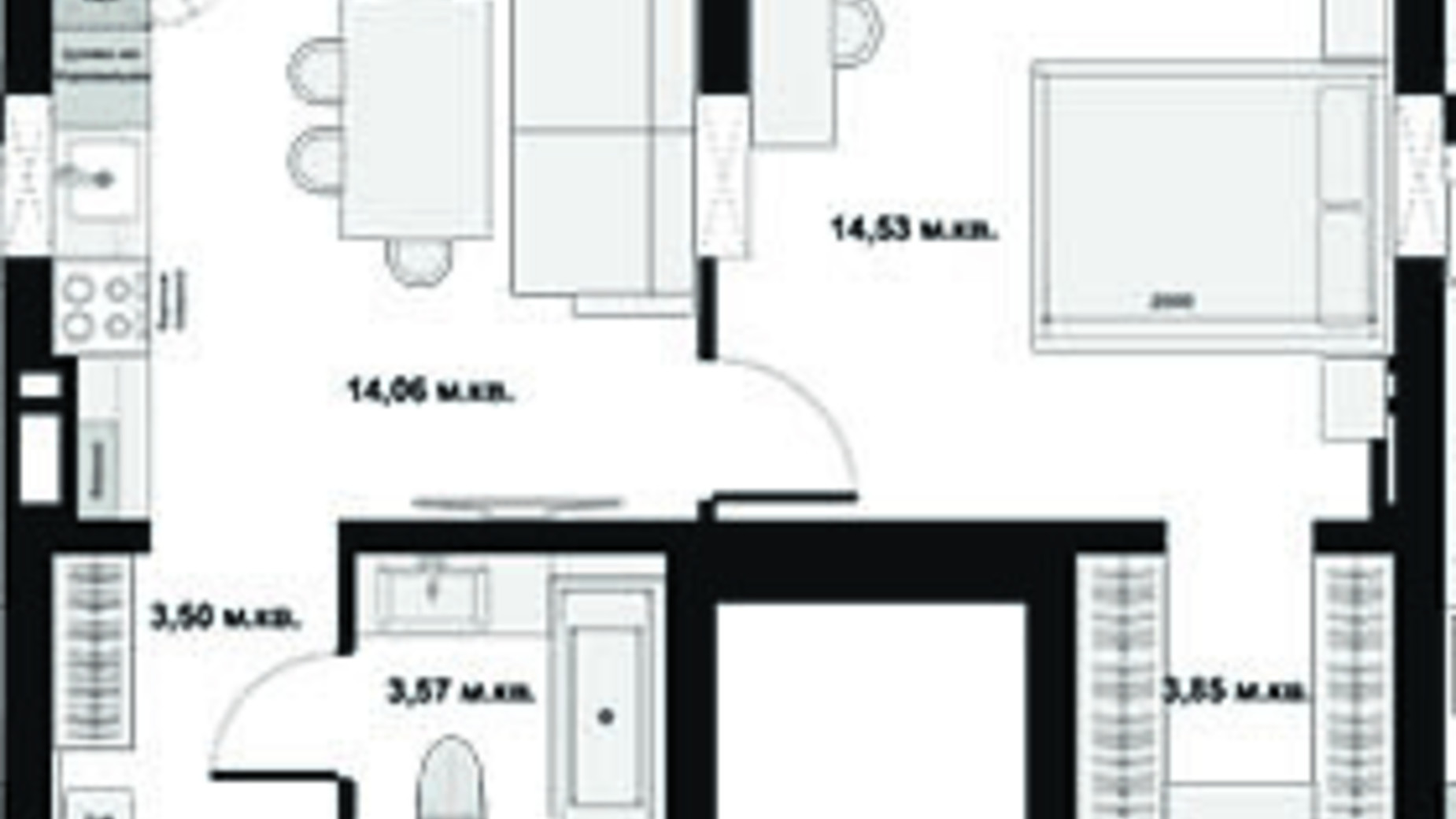 Планування 1-кімнатної квартири в ЖК Набережний квартал 42 м², фото 381643