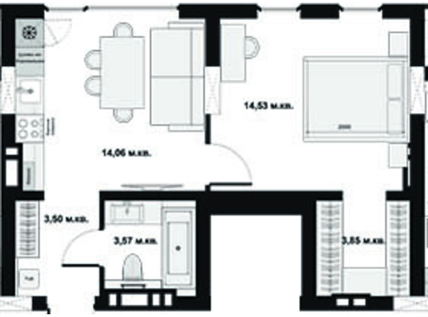 ЖК Набережний квартал: планування 1-кімнатної квартири 39.63 м²
