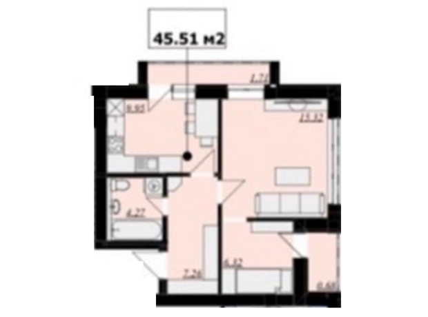 ЖК Кошицький: планування 1-кімнатної квартири 45.51 м²