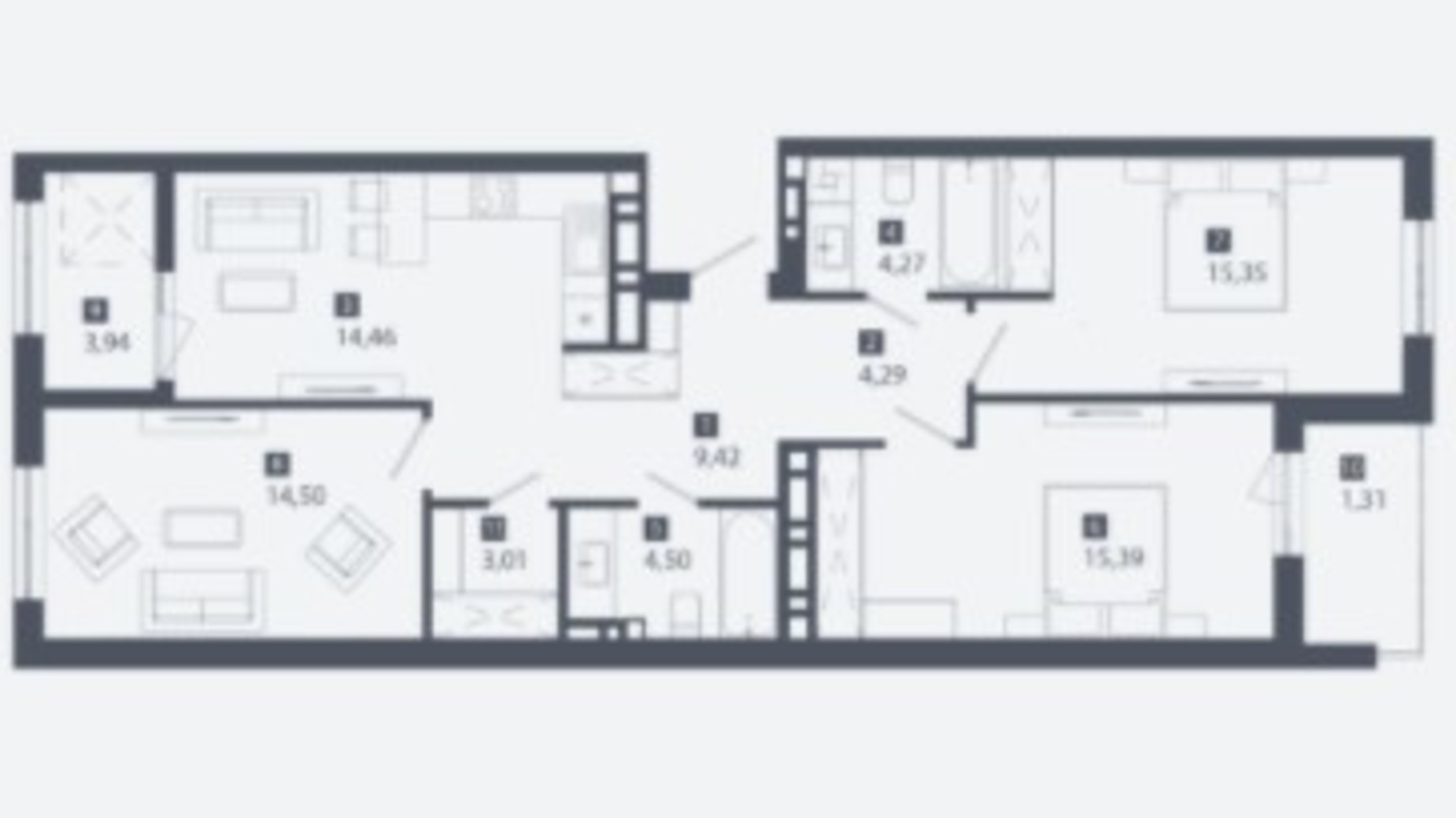 Планування 3-кімнатної квартири в ЖК Cinematic 90.43 м², фото 382627