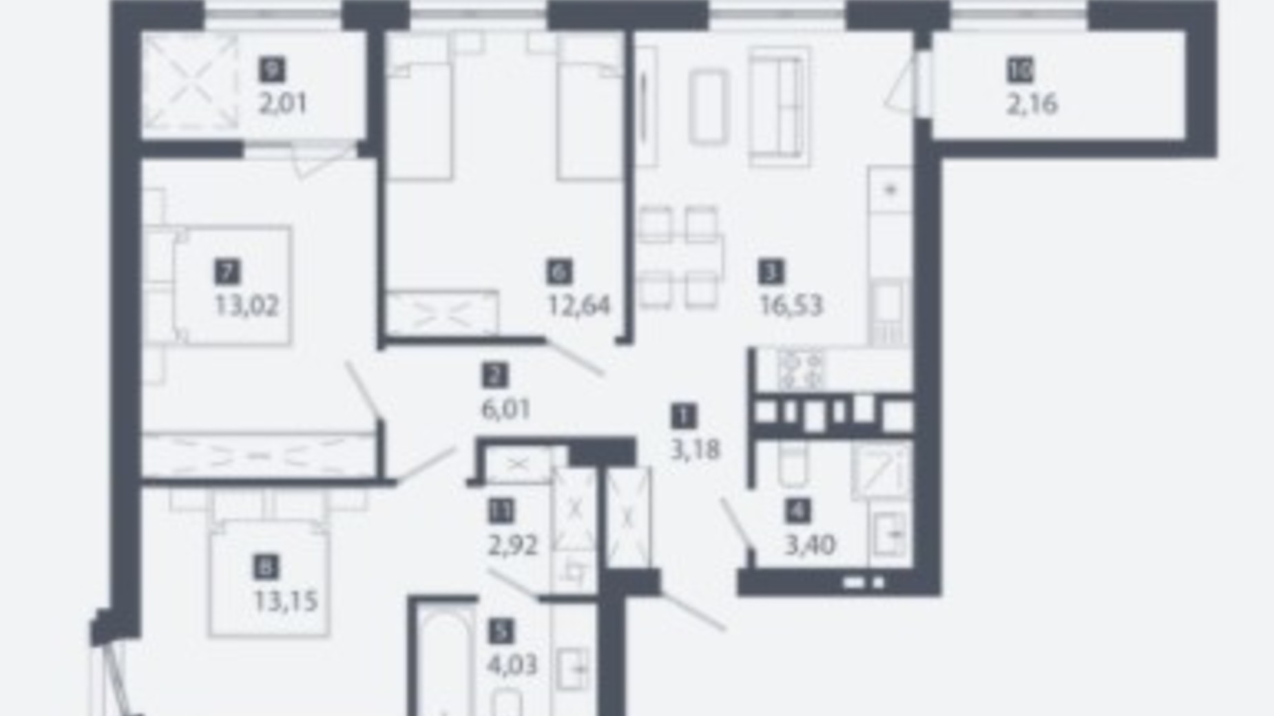 Планировка 3-комнатной квартиры в ЖК Cinematic 79.05 м², фото 382656