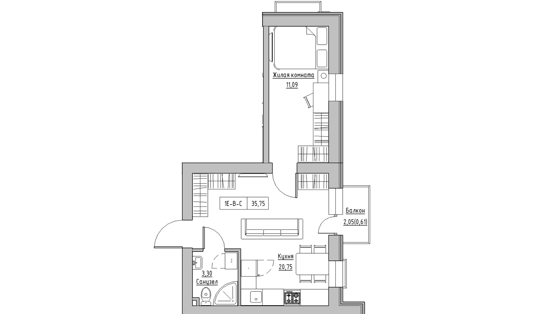 Планировка 1-комнатной квартиры в ЖК KEKS 34.84 м², фото 384038