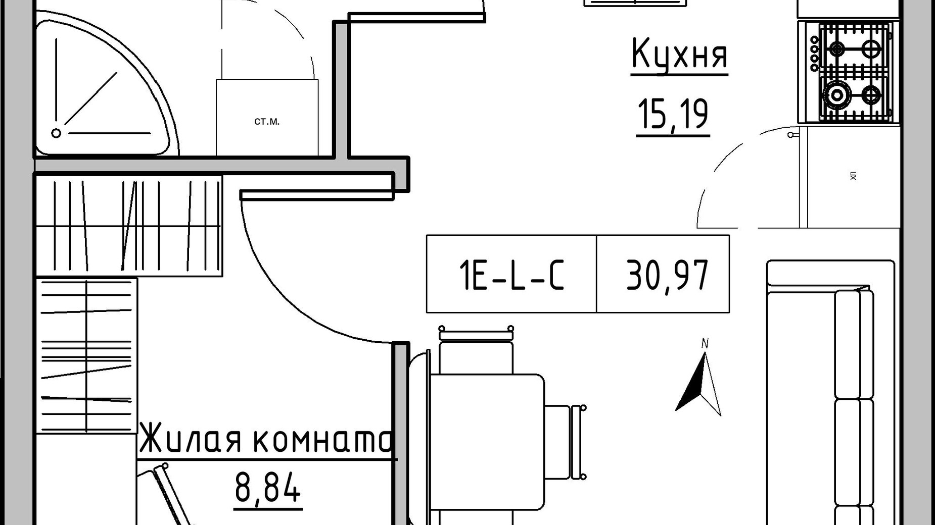 Планировка 1-комнатной квартиры в ЖК KEKS 30.97 м², фото 384040