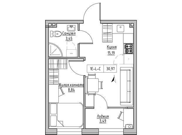 ЖК KEKS: планировка 1-комнатной квартиры 30.97 м²