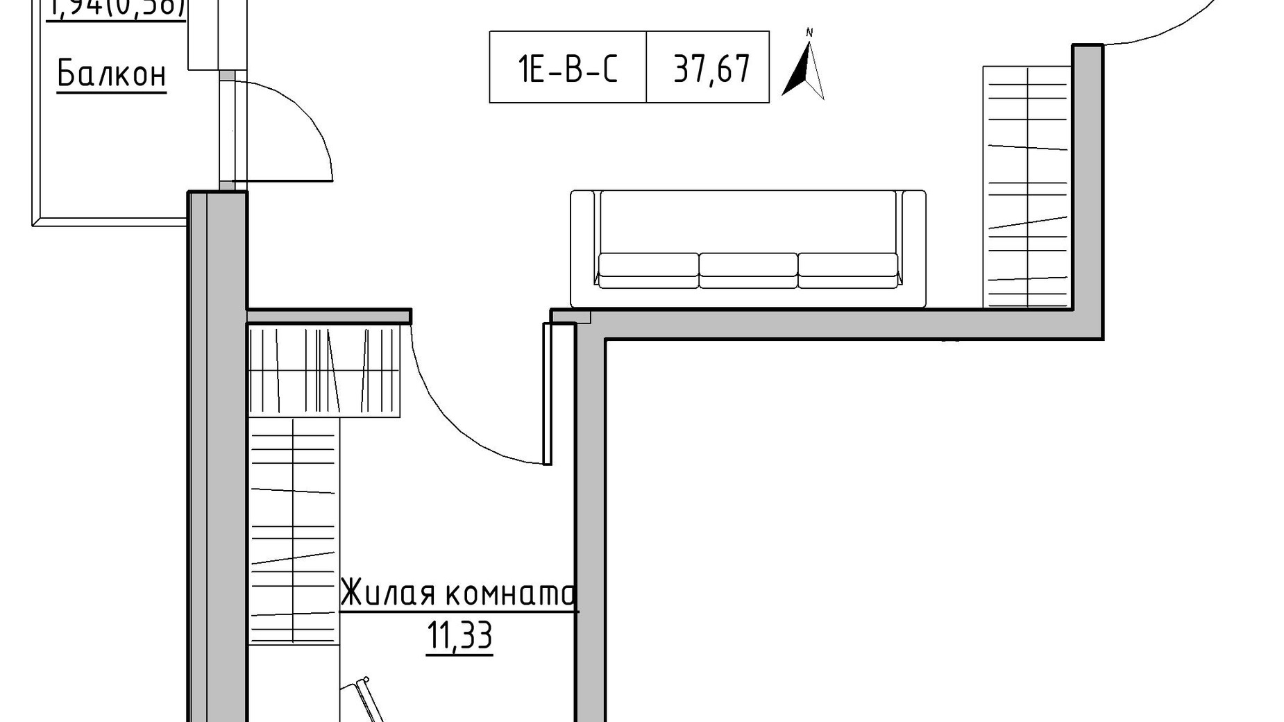 Планування 1-кімнатної квартири в ЖК KEKS 37.67 м², фото 384042