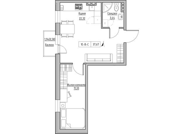ЖК KEKS: планировка 1-комнатной квартиры 37.67 м²