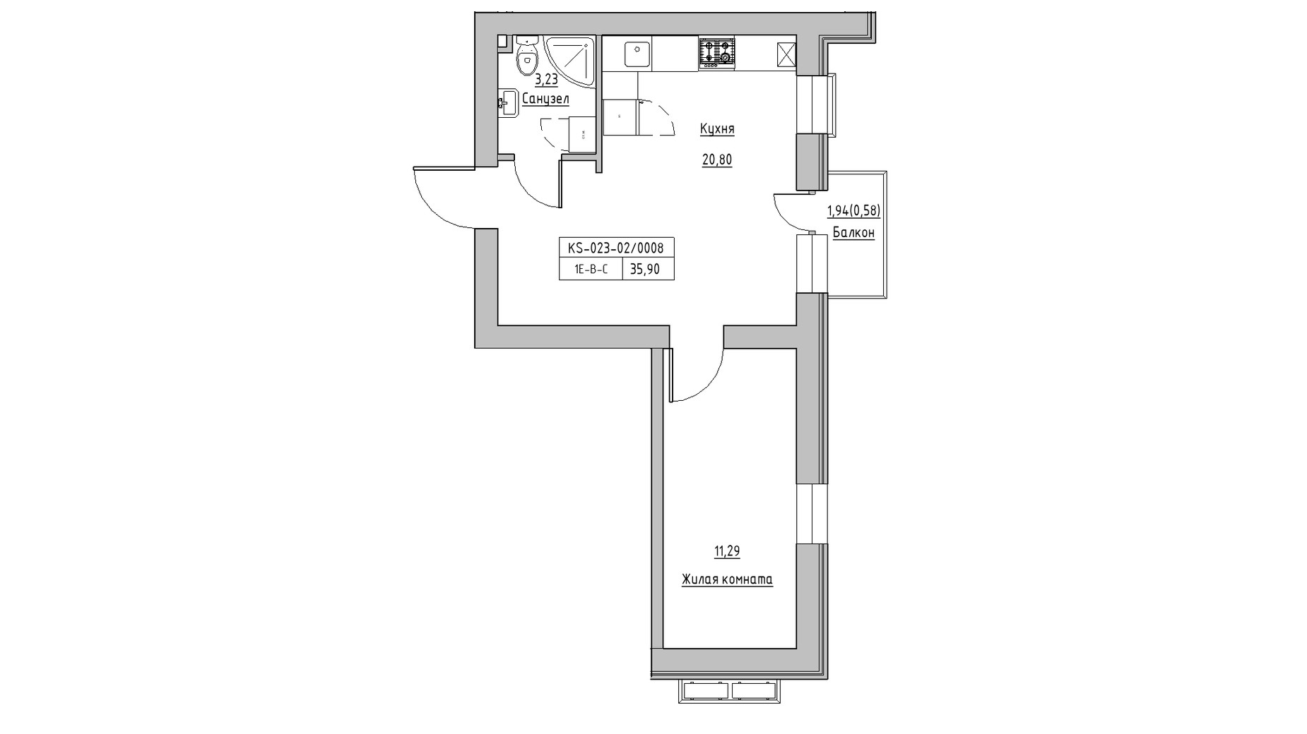 Планировка 1-комнатной квартиры в ЖК KEKS 34.84 м², фото 384045