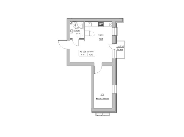 ЖК KEKS: планировка 1-комнатной квартиры 34.84 м²