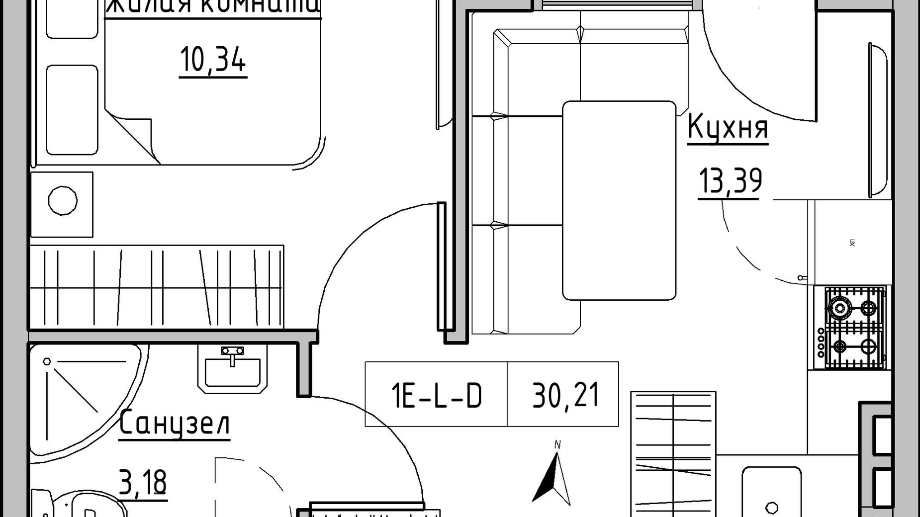 Планування 1-кімнатної квартири в ЖК KEKS 30.21 м², фото 384046