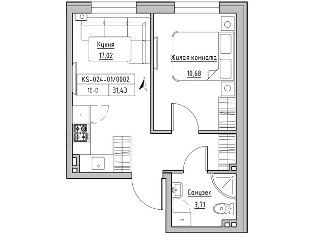 ЖК KEKS: планировка 1-комнатной квартиры 31.43 м²