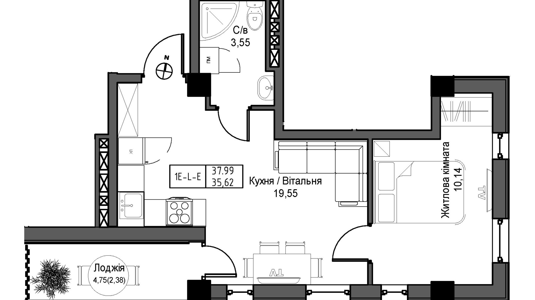 Планування 1-кімнатної квартири в ЖК Artville 35.62 м², фото 384051