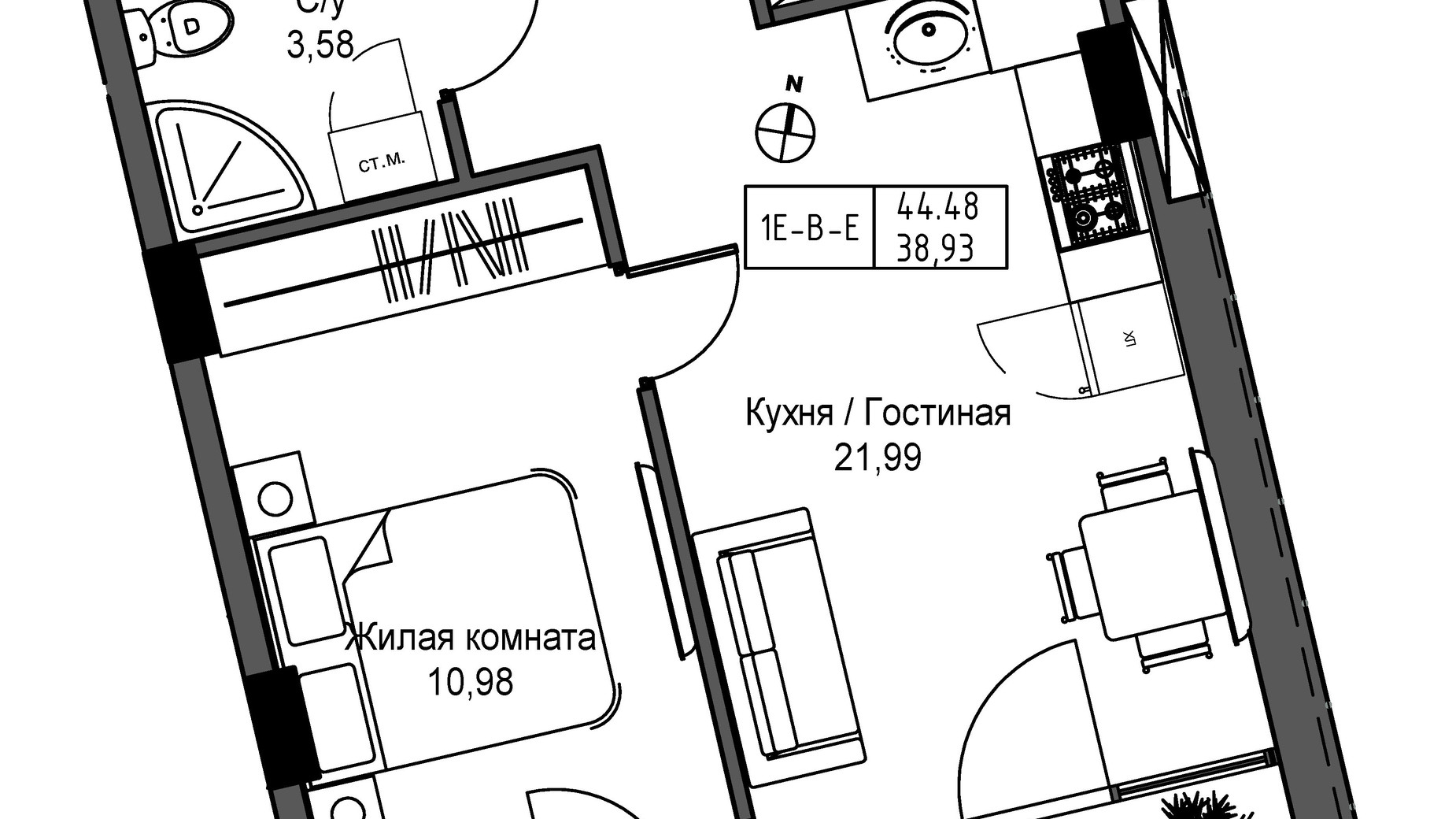 Планировка 1-комнатной квартиры в ЖК Artville 38.93 м², фото 384232