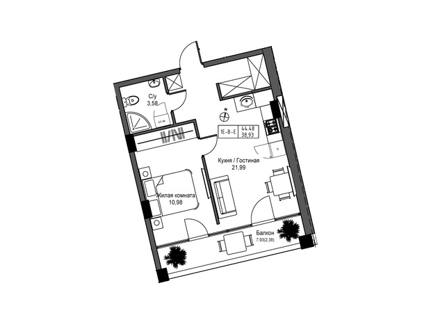 ЖК Artville: планування 1-кімнатної квартири 38.93 м²
