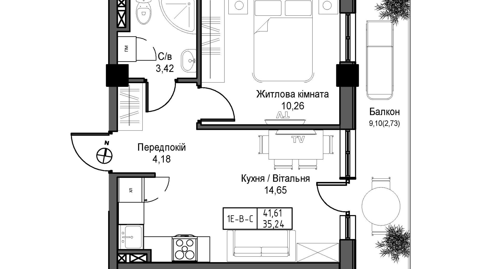 Планировка 2-комнатной квартиры в ЖК Artville 35.24 м², фото 384233