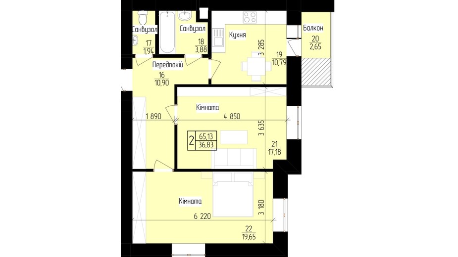 Планировка 2-комнатной квартиры в ЖК 9 район 66.5 м², фото 384459