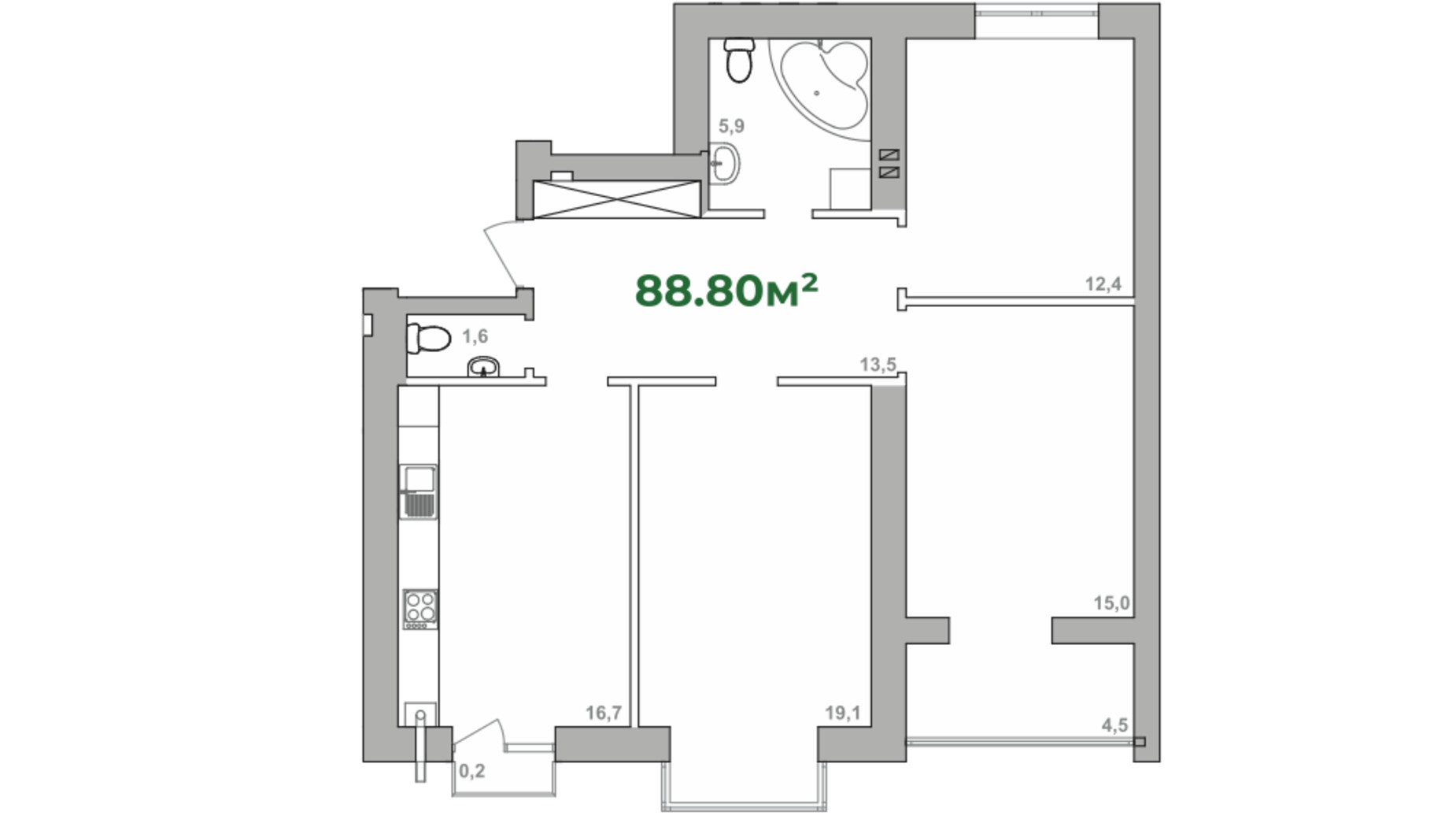Планировка 3-комнатной квартиры в ЖК Городок Липки 89.8 м², фото 384729