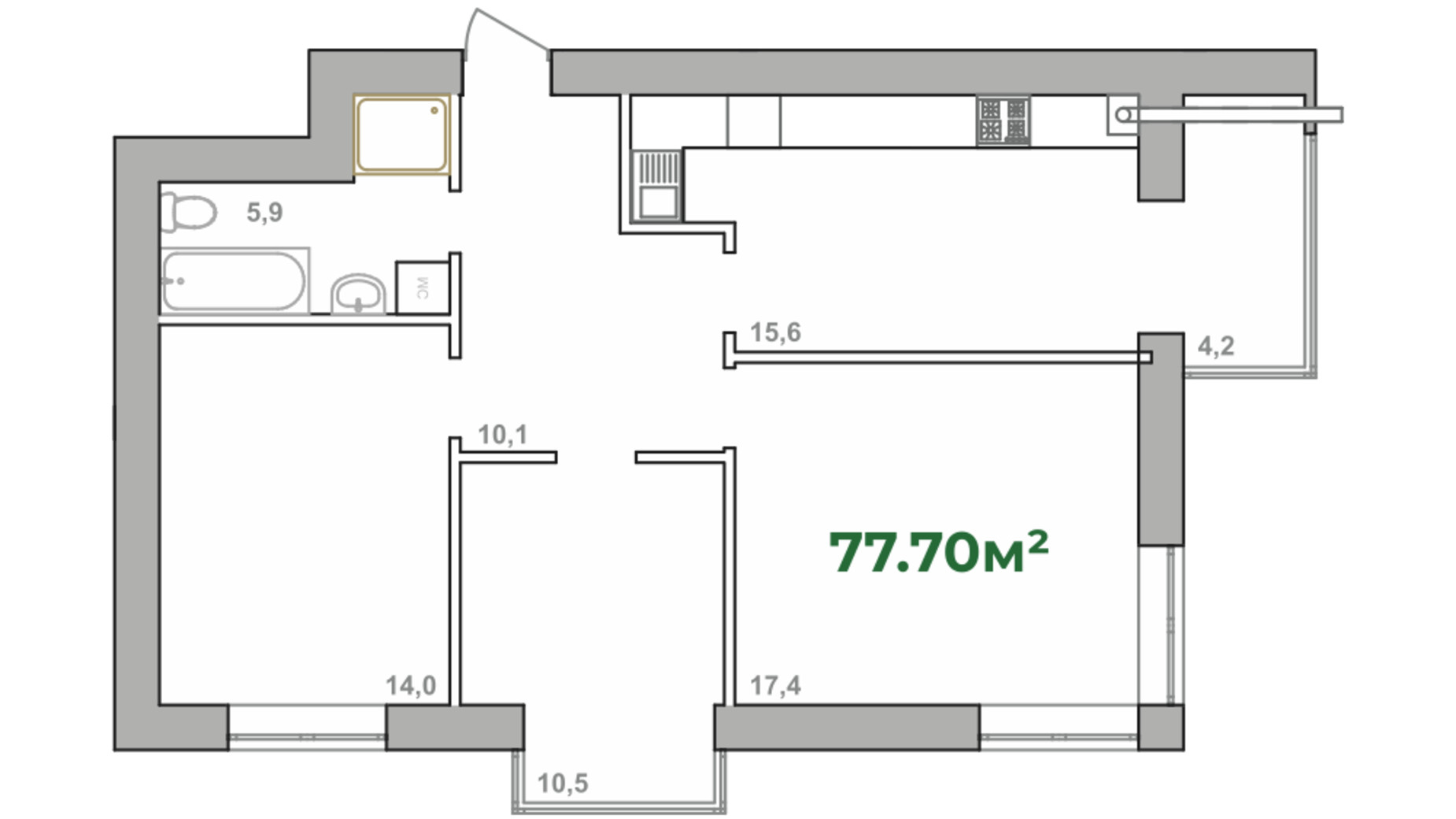 Планування 3-кімнатної квартири в ЖК Містечко Липки 76.9 м², фото 384732