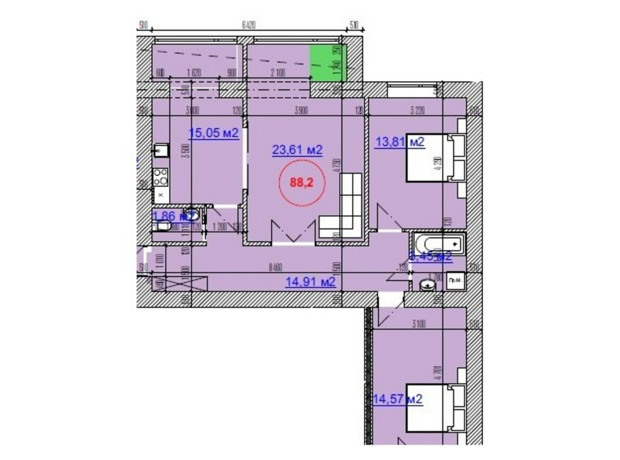 ЖК вул. Залізнична, 3: планування 3-кімнатної квартири 88.2 м²