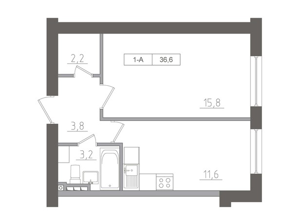 ЖК KEKS: планировка 1-комнатной квартиры 36.6 м²
