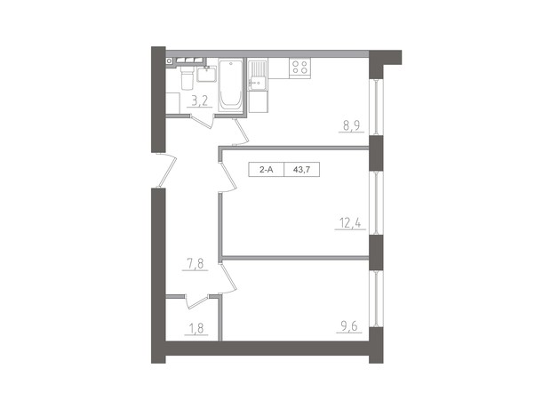 ЖК KEKS: планировка 2-комнатной квартиры 43.7 м²