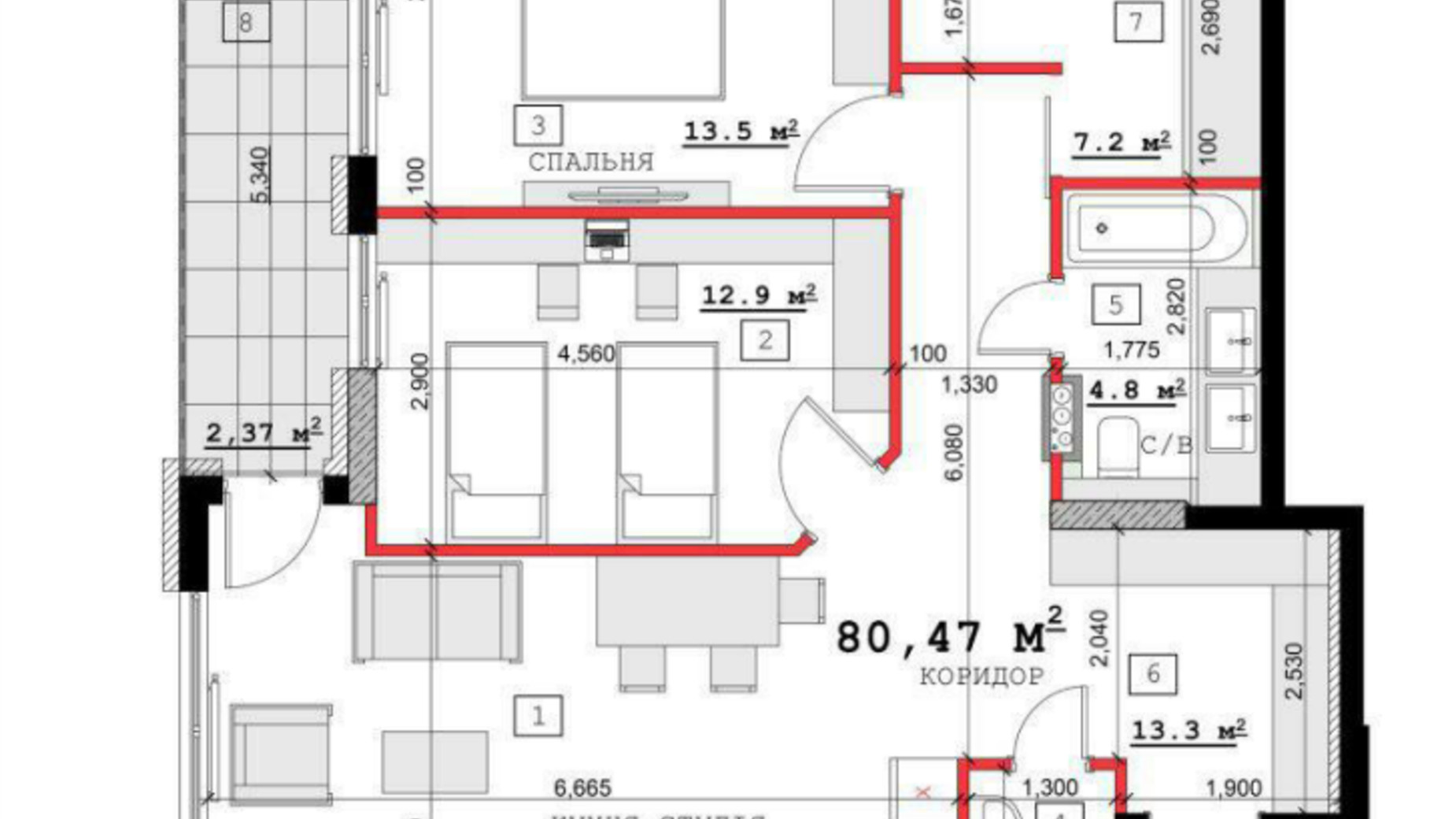 Планування 2-кімнатної квартири в ЖК вул. Павла Скоропадського, 14, 16б,16в 80.47 м², фото 386340