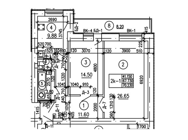 ЖК ул. Коновальца, 4а, 4б: планировка 2-комнатной квартиры 69.8 м²