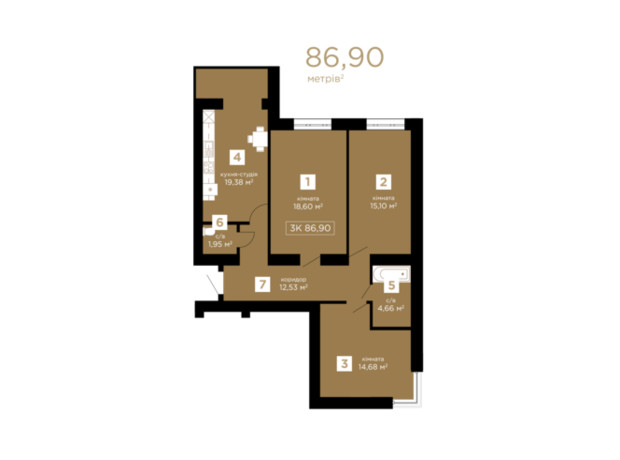 ЖК Затишний: планування 3-кімнатної квартири 86.9 м²