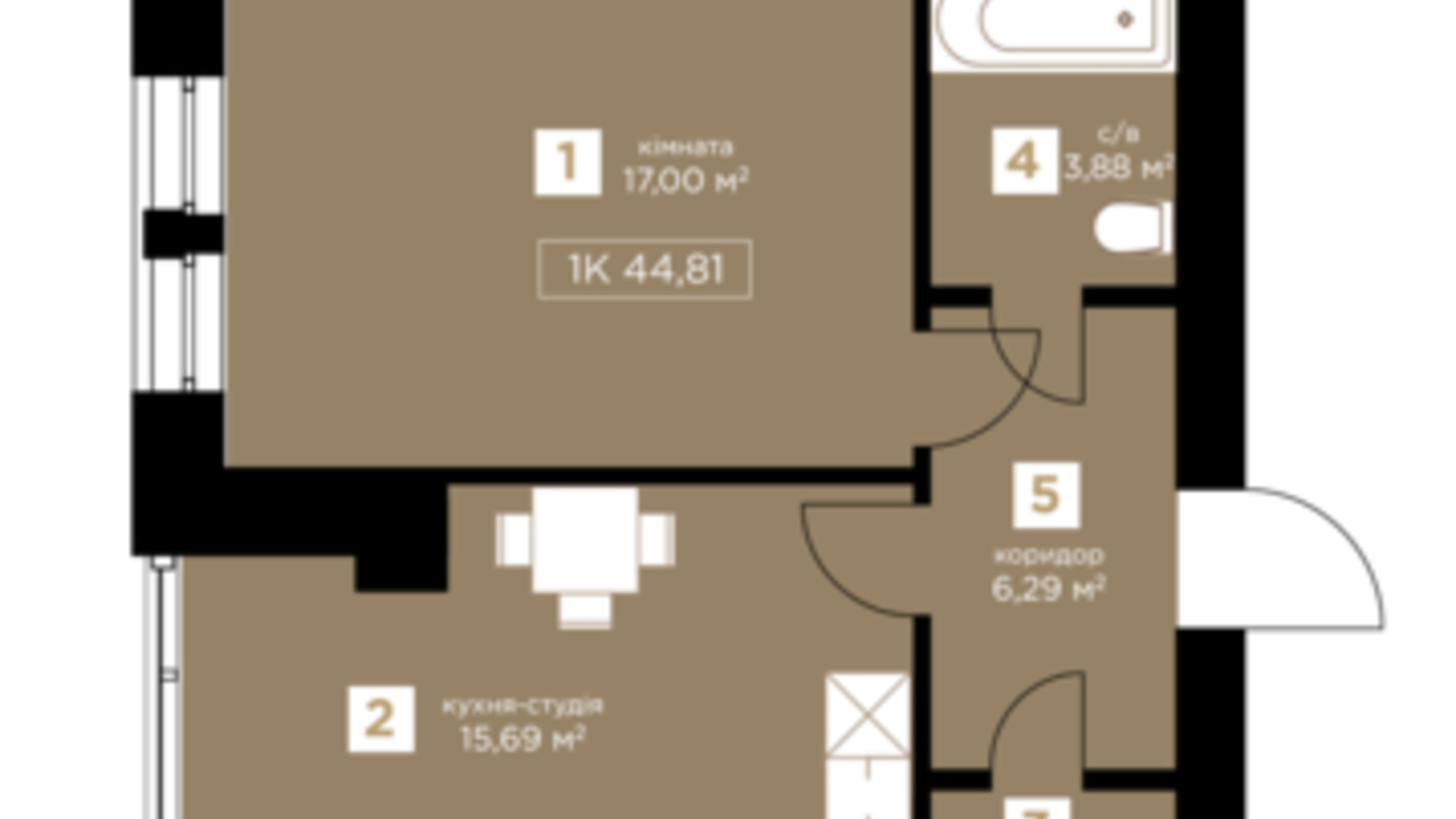 Планировка 1-комнатной квартиры в ЖК Уютный 44.81 м², фото 386808