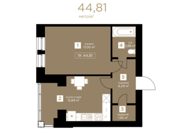 ЖК Уютный: планировка 1-комнатной квартиры 44.81 м²
