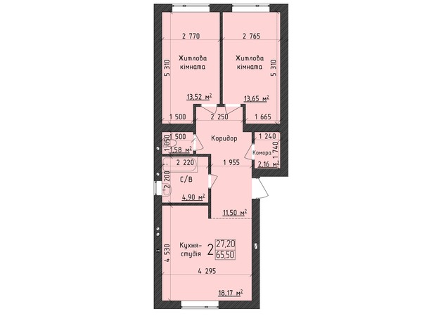 ЖК ClubHouse: планування 2-кімнатної квартири 65.2 м²
