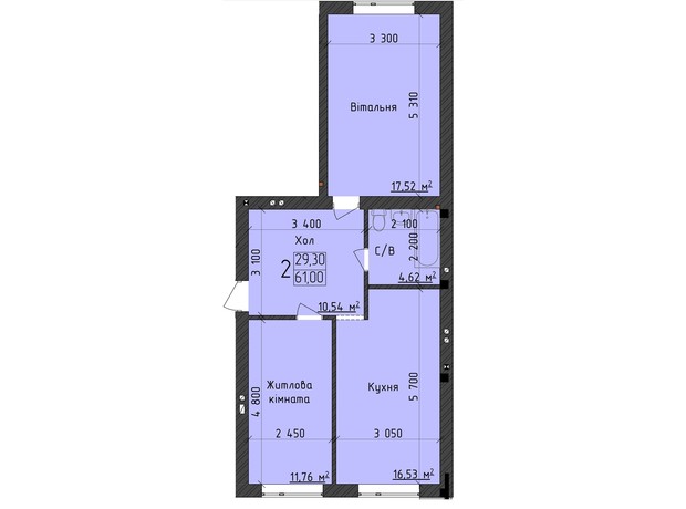 ЖК ClubHouse: планування 2-кімнатної квартири 61 м²
