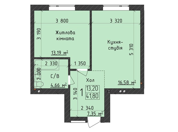 ЖК ClubHouse: планування 1-кімнатної квартири 41.8 м²