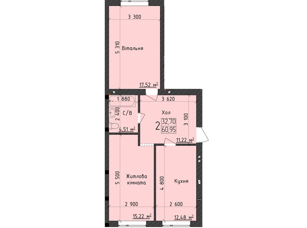 ЖК ClubHouse: планування 2-кімнатної квартири 60.65 м²